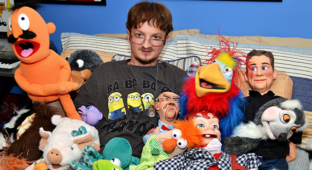 Gabriel Grove with some of his many puppets. He enjoys doing ventriloquist shows at the Schott Center in Cooper City.