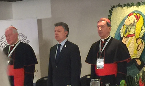 Standing together at the opening session of the conference on the Extraordinary Jubilee of Mercy on the American Continent, from left: Cardinal Marc Ouellette of Montreal, president of the Pontifical Commission for Latin America; Colombian President Juan Manuel Santos, and Cardinal Ruben Salazar of Bogota.
