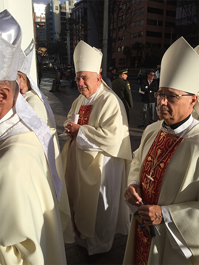 Archbishop Thomas Wenski processes into Bogota's Porciuncula for the concluding Mass of the celebration of the Extraordinary Jubilee of Mercy on the American Continent.