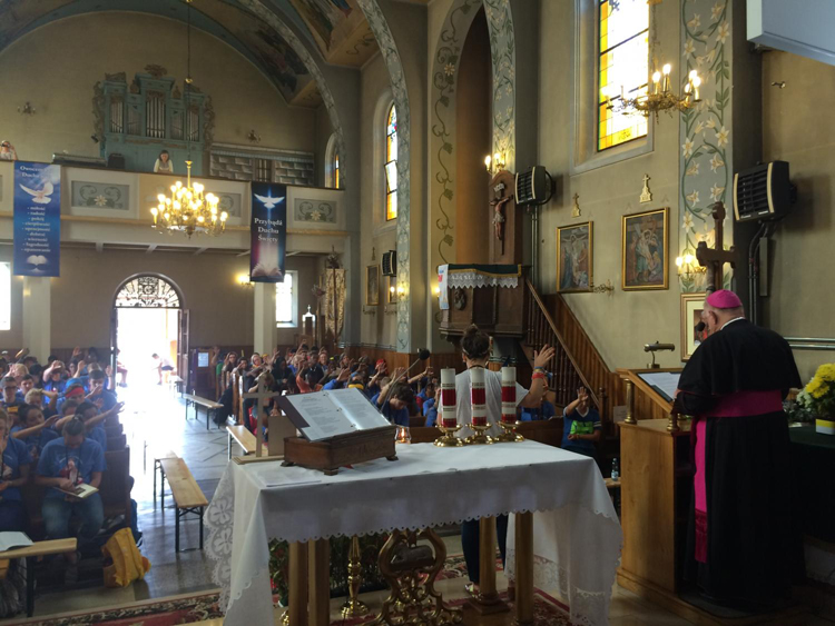 Archbishop Thomas Wenski preaches a third and final catechesis for the English-speaking pilgrims at Mary Help of Christians Church on the outskirts of Krakow, Poland for World Youth Day 2016.