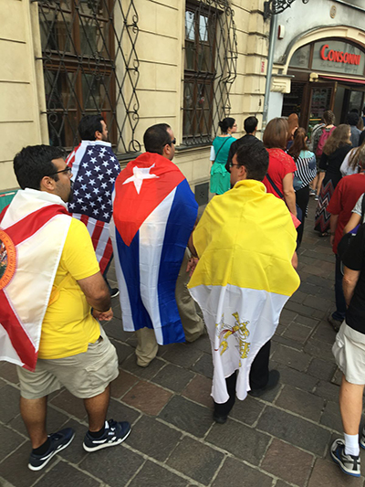The Encuentros Juveniles group wear their colors in Krakow: the state of Florida, the U.S., Cuba and the Vatican.