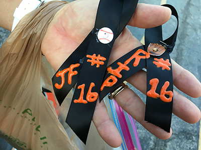 These handmade ribbons bear Jose Fernandez's Marlins uniform, #16.