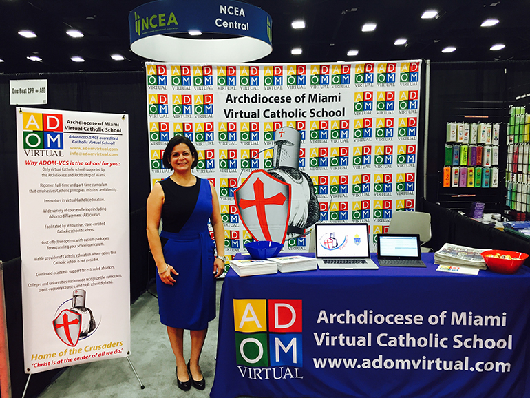 Archdiocese of Miami Virtual Catholic School Principal Rebeca Bautista represents her school at a recent National Catholic Education Association Convention and Expo. ADOM-VCS is pioneering the way as the first Catholic online school in the United States.