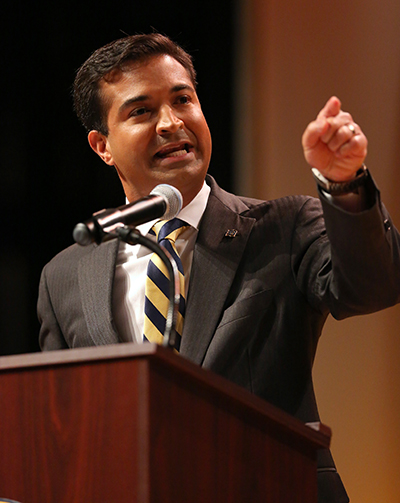 US Representative Carlos Curbelo (R-Fla) responds to questions from moderator, ABC News anchor and correspondent Tom Llamas, during a debate against Democrat challenger Jose Garcia.