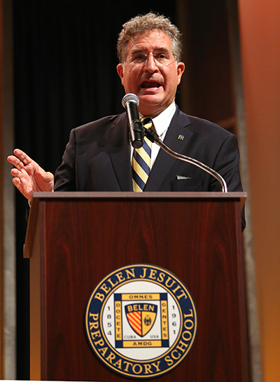 Democrat challenger Jose Garcia responds to questions from moderator from ABC News anchor and correspondent, Tom Llamas, during a debate against US Representative Carlos Curbelo (R-Fla) at their alma mater.