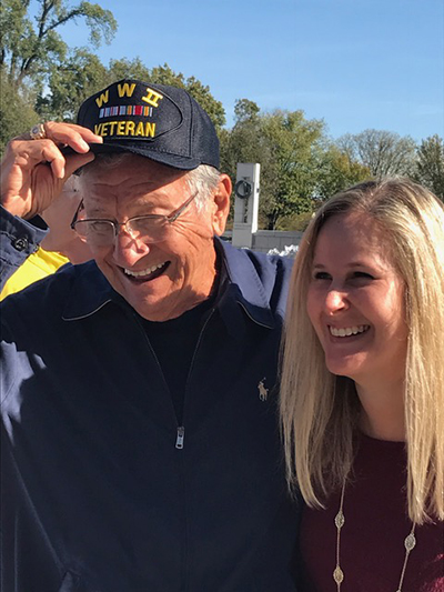 World War II veteran Carl Muscarello of All Saints Parish in Sunrise enjoys a visit to the National World War II Memorial in Washington, D.C. as part of the Oct. 29 Honor Flight South Florida. With him is Carrie Christenson, who lives in Arlington, Va., and came over to meet the veterans at the memorial.