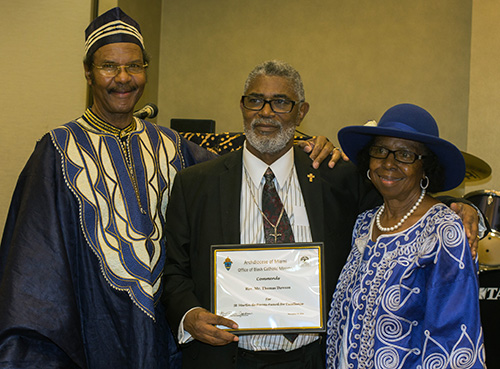 St. Martin de Porres awardee Deacon Thomas Dawson, center, poses for a photo with Jerome Matthews and Lona Bethel Matthews at the St. Martin de Porres awards luncheon organized by the archdiocesan Office of Black Catholics Nov. 19. It was one of several activities marking Black Catholic History Month.
