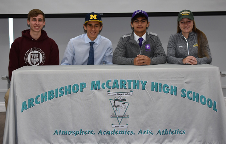 Archbishop McCarthy High students who will be playing their sports at the college level are, from left: Will Shine, cross country and track, University of Chicago; Carlos Tellez, soccer, University of Michigan; Santiago Huertas, soccer, New York University; and Olivia Reese, soccer, George Mason University.