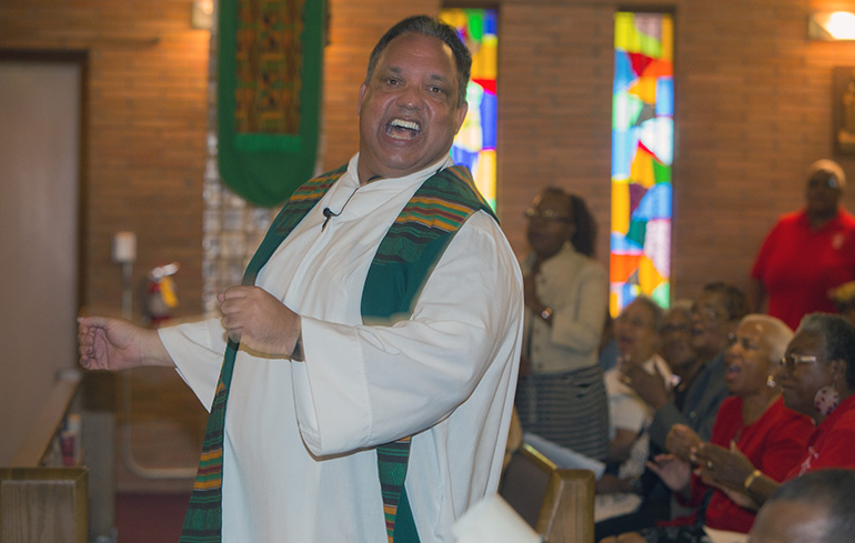 Redemptorist Father Maurice Nutt preaches at Holy Redeemer Church, Miami, on the first night of the annual black Catholic pre-Lent revival, held Feb. 12-15.