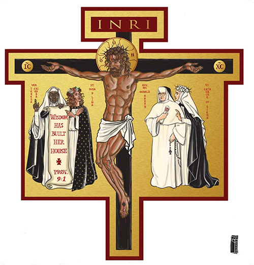 This icon cross, designed by Dominican Father Cristobal Torres, measures 8 feet high by 7.5 feet wide and weighs 200 pounds. It hangs above the altar of the newly refurbished Cor Jesu Chapel at Barry University.