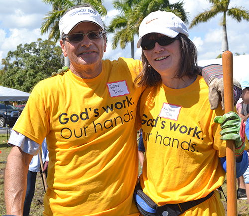 Vinnie and Barbara Tria, a Catholic-Lutheran couple, pause during a labyrinth groundbreaking at MorningStar Renewal Center.