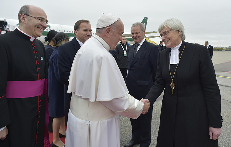 In this Oct. 31, 2016 photo, Pope Francis arrives at Malmo International Airport in Sweden for his apostolic visit to commemorate the 500th anniversary of the Reformation.