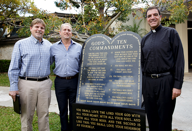 From left: Rev. Randal Cutter, pastor of New Dawn Community Church in Coral Springs and Rabbi Bradd Boxman of Congregation Kol Tikvah in Parkland meet with Msgr. Michael Souckar, pastor of St. Andrew Parish in Coral Springs. The three are part of the Clergy Coalition of Coral Springs & Parkland and their Interfaith Rapid Response to Hate Network.