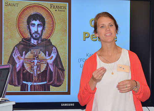 Kathleen Peek urges her listeners to use their talents for God, as St. Francis did.