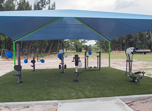 The fitness area at the new Sister Lucia Sport and Fitness Park at the Marian Center has six exercise machines: a bench press, hand cycle, leg press, chest press, cardio walker and elliptical.