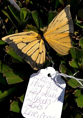 "May you fly always," says a message tag attached to one of the 1,000 feather butterflies passed out for Mother's Day at Our Lady of Mercy Cemetery in Miami.