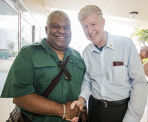 Allan Blondell, left, a 1965 graduate, poses with Christian Brother Patrick Sean Moffett, who served as Archbishop Curley Notre Dame principal from 2004 to 2012. Five Christian Brothers will continue to work in Miami, serving the same population they served at Curley-Notre Dame.