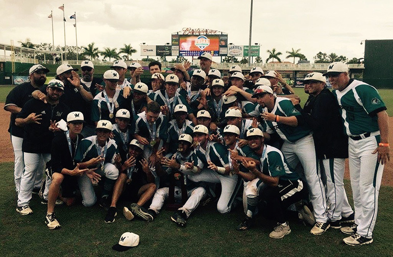Archbishop McCarthy's Mavericks pose for a photo with their state championship trophy after winning the 6A title in Fort Myers June 3. Their coach, Rich Bielski, was named Coach of the Year in baseball by Broward's Sun-Sentinel newspaper.