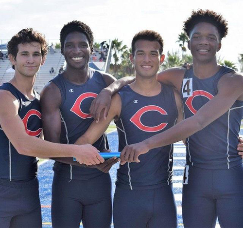Christopher Columbus’ 4x800 relay team, which came in second place in the state in track, from left: Nicholas Aixala, Deshay Fernandez, Chris Bentely, and Xzavier Henderson.