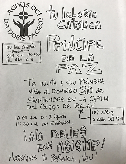 Un valioso recuerdo para la historia: la invitación, escrita a puño y letra, a la primera Misa de la iglesia Prince of Peace, el 20 de septiembre de 1987.