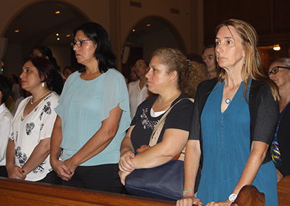 Representatives of pro-labor organizations Women Working Together USA, the Miami Workers Center, and United We Dream took part in the Mass celebrated by Archbishop Thomas Wenski in honor of domestic workers. From left: Rosana Araujo, Viviana Avalo, Mery Ponce and María Asunción Bilbao.