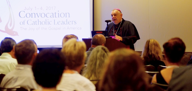 Archbishop Thomas Wenski addresses a session on social advocacy during the Convocation of Catholic Leaders in Orlando.