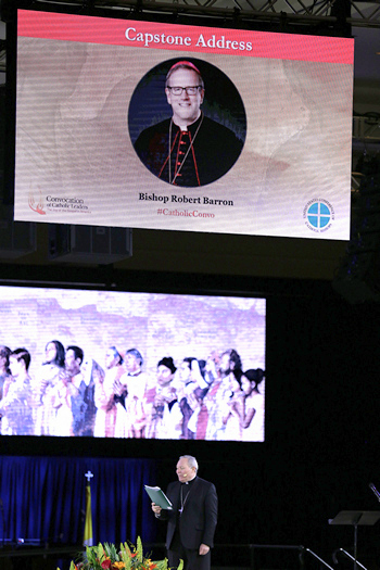 A projected image of Bishop Robert Barron looms over Bishop Edward Burns of Dallas, who introduces his video address from California.