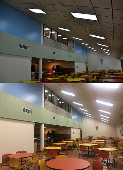 Before (above) and after photos of the Pastoral Center cafeteria, before and after the installation of LED lights.