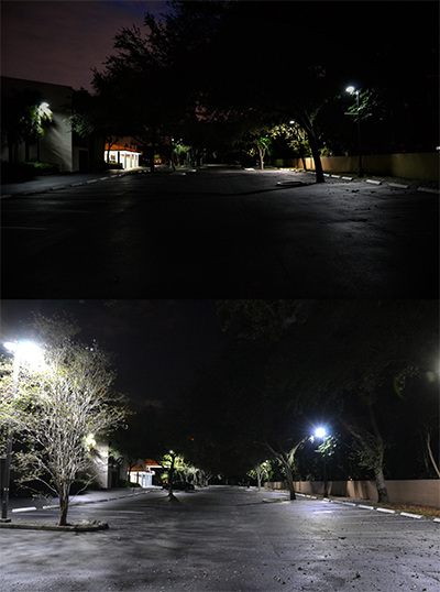 Before (above) and after photos of the Pastoral Center parking lot, before and after the installation of LED lights.