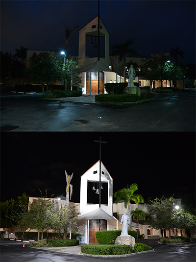 Before (above) and after photos of St. Martha Church's entrance, before and after the installation of LED lights.