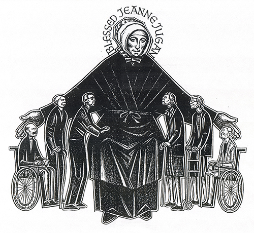 Drawing of St. Jeanne Jugan as proctector of the elderly, by Gerard Rooney. Rooney was an illustrator for The Pilot, the newspaper of the Archdiocese of Boston, and a resident of Jeanne Jugan Residence in Somerville, Mass.