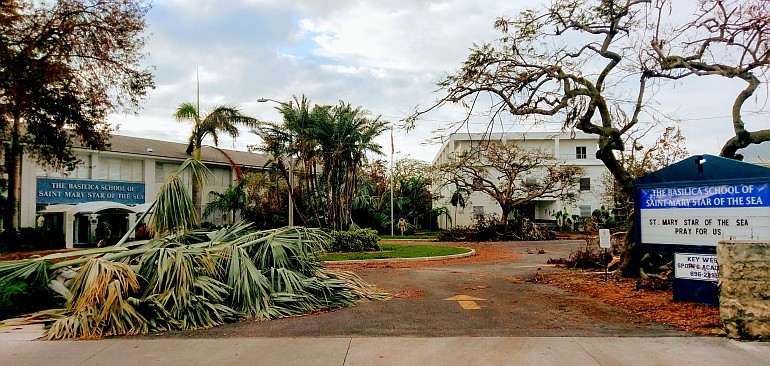 Entrance of the Basilica School of St. Mary Star of the Sea, after Hurricane Irma.