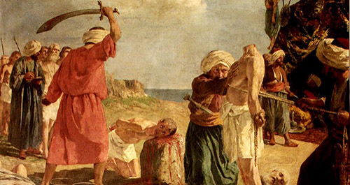 Detalle de la pintura en la catedral de Nápoles que expresa la concepción del artista sobre la matanza de Otranto, perpetrada por invasores turcos en 1480. Nótese la figura decapitada de Antonio Primaldo, que persiste en mantenerse de pie como símbolo de la firmeza de su Fe.