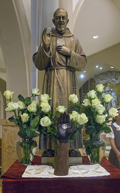 This newly-donated statue of St. Padre Pio will occupy a permanent place on the south side of the cathedral vestibule.