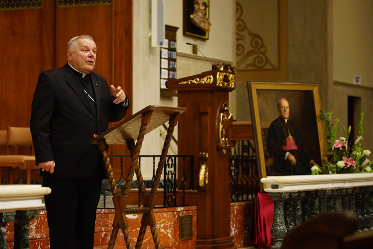 Archbishop Thomas Wenski speaks about Archbishop Joseph P. Hurley of St. Augustine during a talk at the cathedral basilica there Oct. 31, the 50th anniversary of his death. The archbishop later presided at a Mass with all the bishops of Florida, where Bishop John Noonan of Orlando preached the homily.