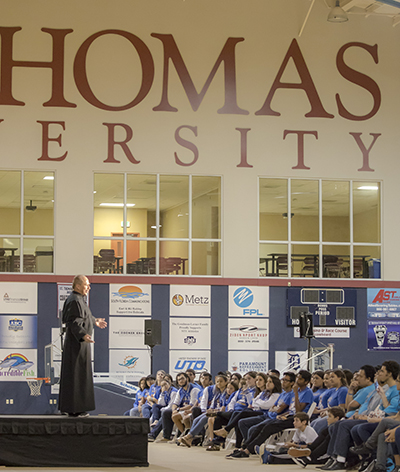 Keynote speaker Father Tony Ricard, pastor of St.Gabriel the Archangel and campus minister/theology teacher at St. Augustine High School in the Archdiocese of New Orleans, speaks to the hundreds of youths attending the 2017 Mercy Night celebration.