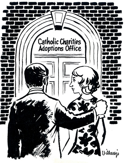 Esta ilustración, del archivo de una edición pasada de Florida Catholic, muestra que la adopción siempre estuvo entre los servicios ofrecidos por Catholic Charities (Caridades Católicas).