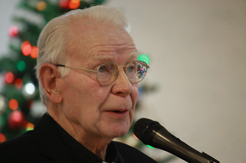 Father Dominick O'Dwyer, pastor of St. Malachy, addresses guests at the annual Mary for Life celebration held Dec. 8 at St. Malachy Church, Tamarac. “Thank God for people like Linda and Tewannah and all of you at St. Malachy, who are promoting human life and protecting it as best we can, especially by your prayers and all the things we do. As small as they may be, they all matter," he said.