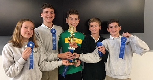 Math team students with Mary Help of Christians School show their trophy and blue ribbons from their recent competition. From left are eighth graders Ashley James, John Lynch, Christopher Enlow, Christian Solanet and Ryan Lynch.