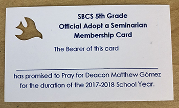 Fifth grade students at St. Bonaventure School signed these cards to acknowledge their commitment to praying for their "adopted seminarian," Deacon Matthew Gomez.