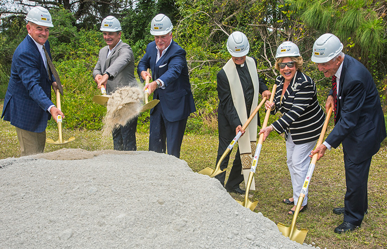 Turning the ceremonial shovels for the new Gus Machado School of Business complex at St. Thomas University, from left: Agustin Arellano, chairman of contractor NV2A Group; Jorge Rico, trustee and co-chairman of the Gus Machado School of Business Advisory Board; Willie Bermello, of architects Bermello, Ajamil and Partners; Msgr. Franklyn Casale, STU president; Liliam Machado and Gus Machado, for whom the business school and building complex are named.