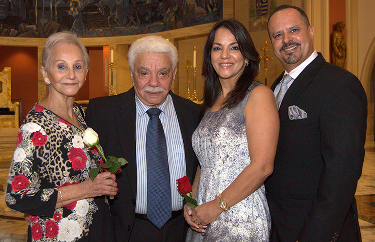 Two couples came to St. Mary Cathedral for the annual anniversary Mass together. From left are Francisca and Victor Rivera, and Jackie and Wadi Barreto. Jackie is the daughter of the Riveras.
