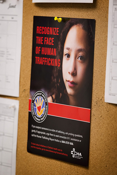 A public awareness poster at Holy Cross Hospital in Fort Lauderdale calls attention to the problem of human trafficking. The hospital is launching a Sexual Trafficking and Exploitation Program (STEP) program linking medical staff with community resources to provide a holistic response to sexual and human trafficking in South Florida.