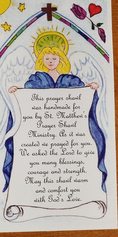 This message came with some of the prayer shawls sent to Mary Help of Christians Church after the Parkland shooting. The parish and school received dozens of hand-knitted prayer shawls and clasps from churches throughout the U.S.