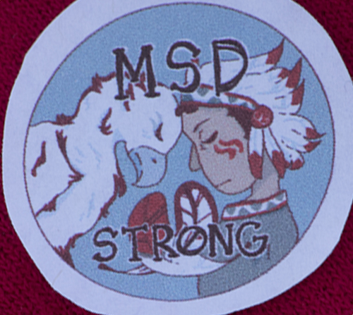 Cardinal Gibbons freshman Emma Lee created this sticker in memory of the Parkland victims: an eagle and a chief, the mascots, respectively, of Marjory Stoneman Douglas High and Gibbons, bowing in sadness along with the words "MSD strong." "I think it's important for all of us to recognize that this was something we need to act on," she said.