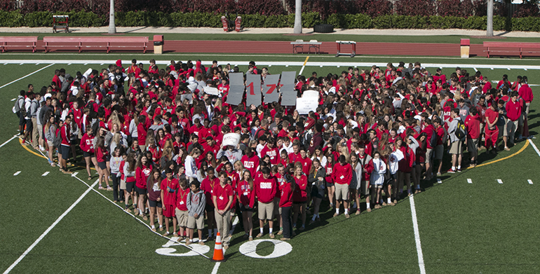 Hundreds of Cardinal Gibbons High School students form a heart on the 50-yard line of their football field March 14 as part of a nationwide memorial for the 17 victims of the shooting at Marjory Stoneman Douglas High School in Parkland a month before.