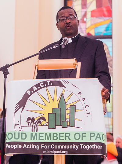 Msgr. Chanel Jeanty, PACT president and pastor of St. James Church, North Miami, calls to order PACT's annual Nehemiah Action Assembly, March 19, 2018 at Notre Dame d'Haiti Church, Miami.