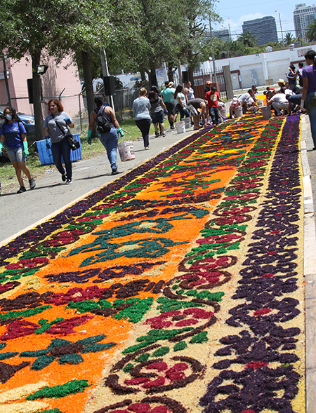 La elaboración de la alfombra para la procesión de Viernes Santo en Corpus Christi empieza muy temprano ese día con el apoyo de cientos de voluntarios, devotos de la Virgen de la Macarena y el Cristo Cautivo de Medinaceli.