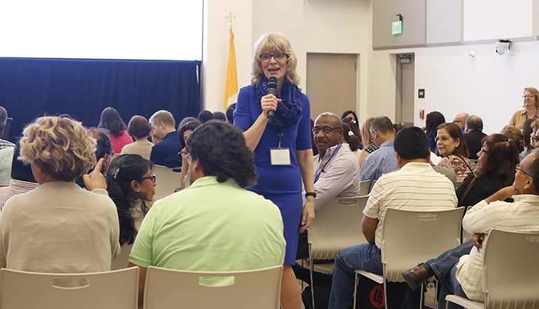 Keynote speaker Mary Ann Otto of the Diocese of Green Bay, Wisconsin, answers questions from participants at Planting the Seed. 
More than 150 representatives from nearly a dozen of parishes gathered at St. John Vianney College Seminary April 14, 2018, for the first archdiocesan stewardship conference, sponsored by the Development Office.