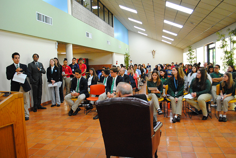 More than 70 students from Catholic high schools gathered at the archdiocesan Pastoral Center April 25 for a pre-synod listening session with Archbishop Thomas Wenski. The event was organized by the Office of Youth and Young Adult Ministry along with the Office of Schools so that youths could participate in the upcoming Synod on Youth in Rome on a local level.